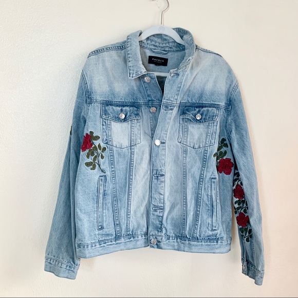 PacSun Jackets & Blazers - Embroidered Denim Jacket Womens Jean Red Roses Pockets Buttons PacSun Size Large